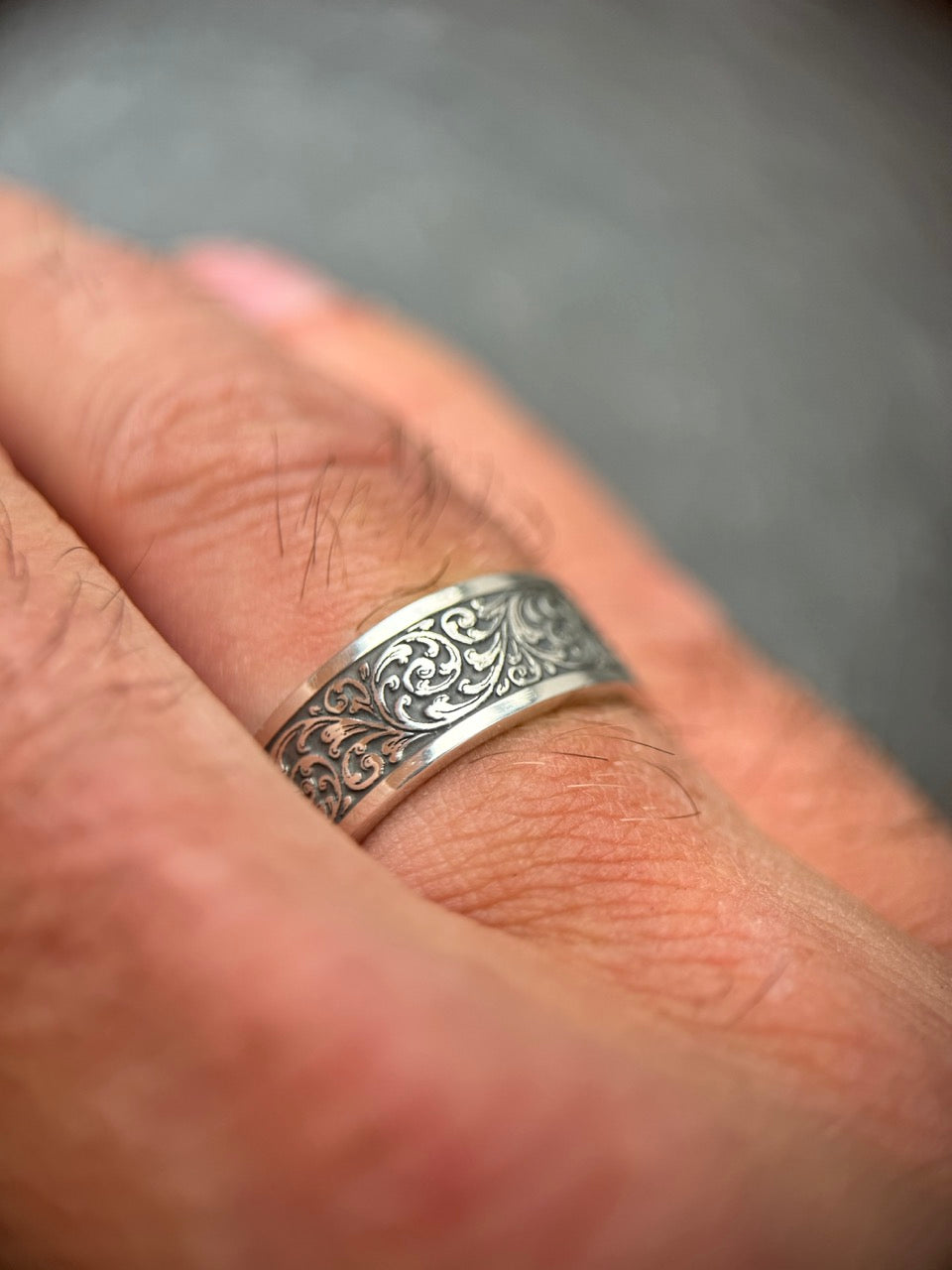 Small Gun Scroll Engraved Sterling Silver Ring