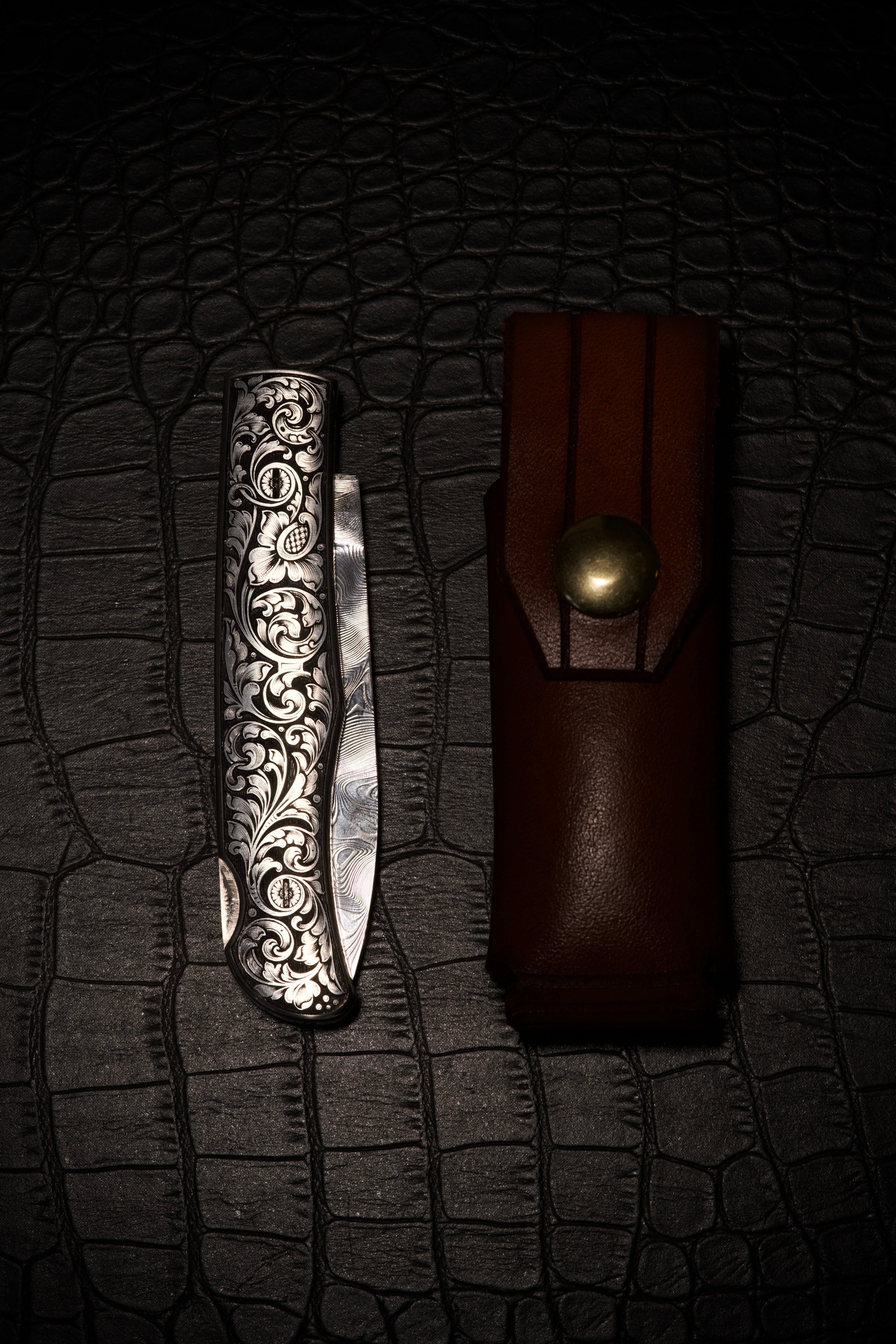 Marcus Hunt Large Acanthus Scroll Engraved Folding Knife