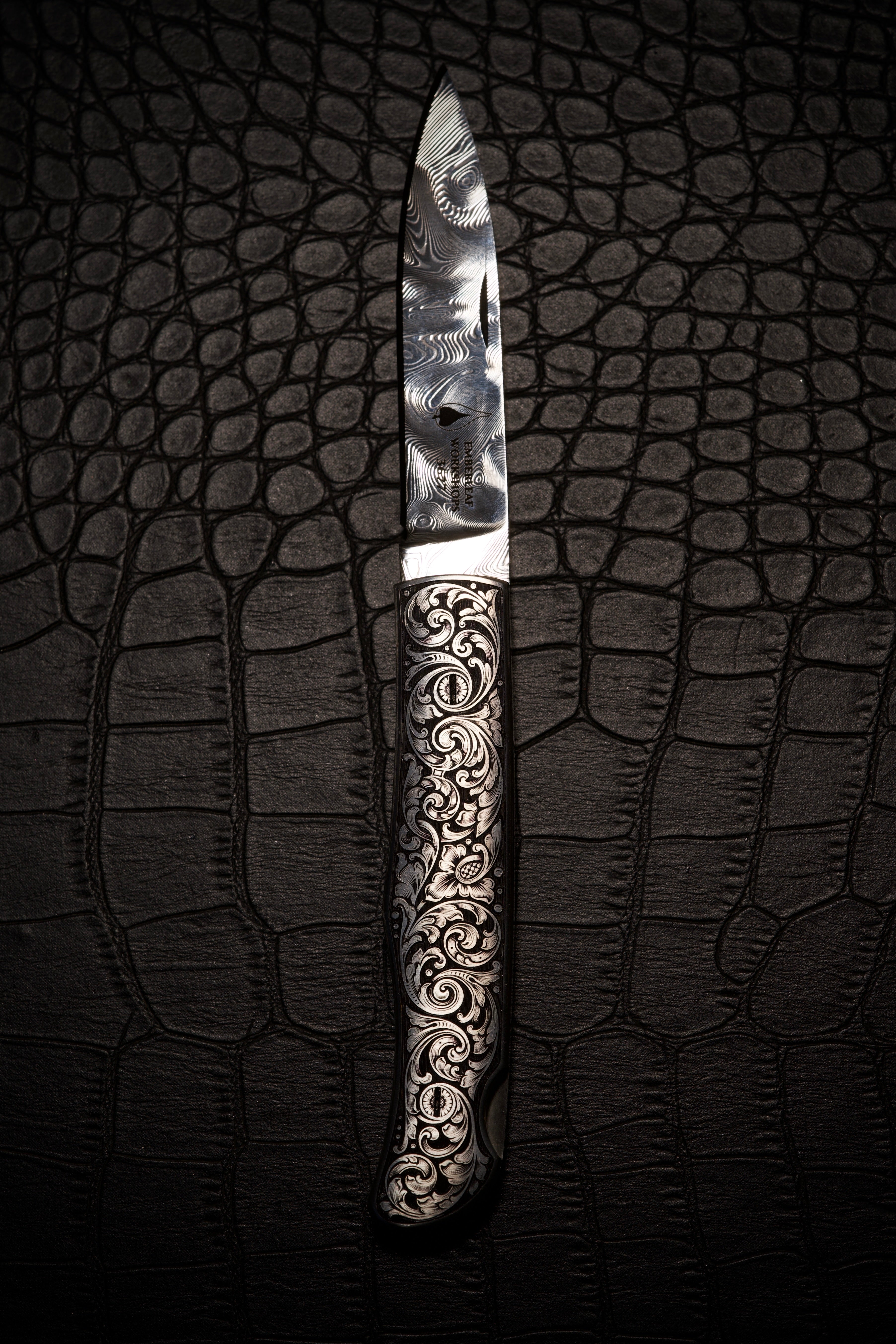 Marcus Hunt Large Acanthus Scroll Engraved Folding Knife