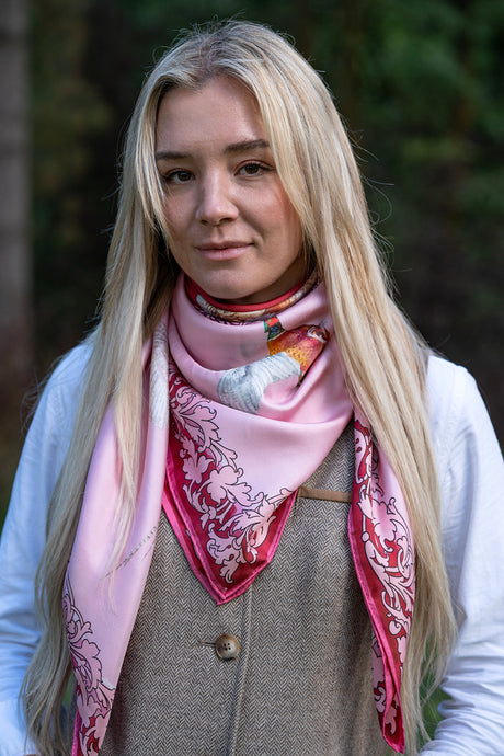 Pheasants and Scroll Square Silk Scarf Pink