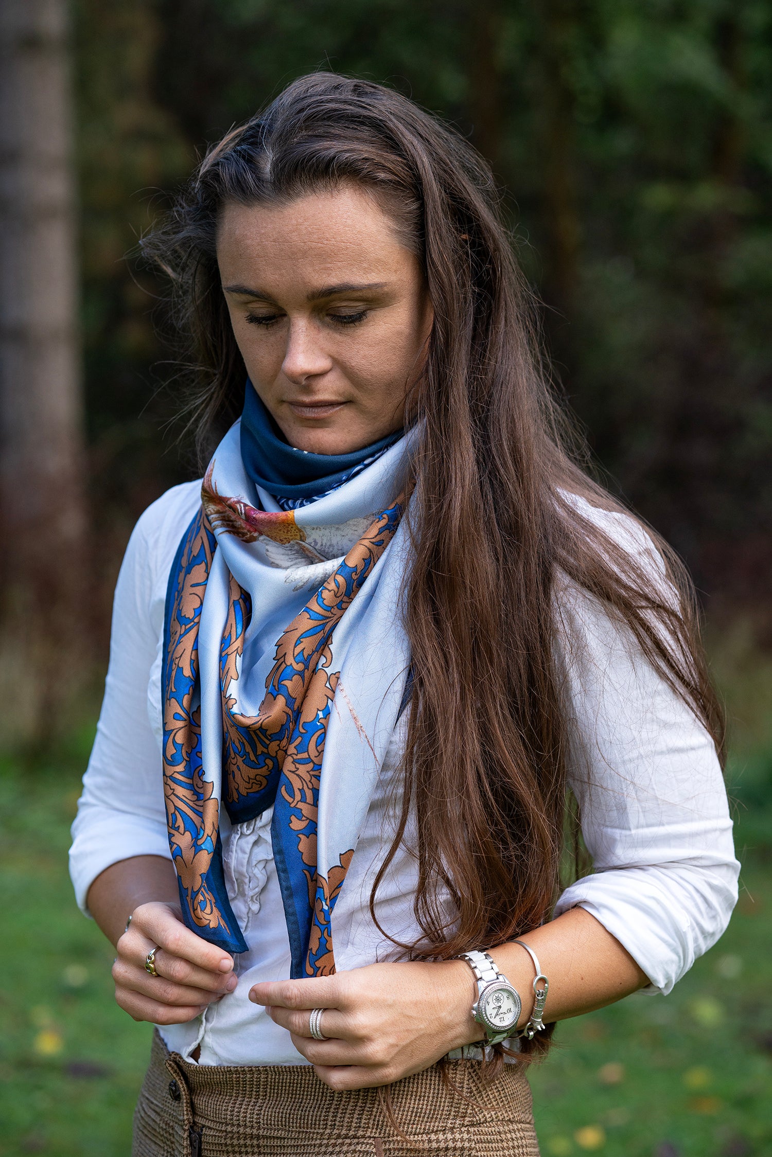 Pheasants and Scroll Square Silk Scarf Blue