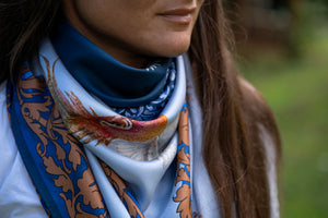 Pheasants and Scroll Square Silk Scarf Blue