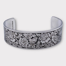 Load image into Gallery viewer, Engraved sterling silver cuff bracelet for her with english rose engraving designed by Ken Hunt