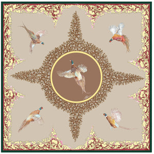 Pheasants and Scroll Square Silk Scarf Beige