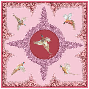 Pheasants and Scroll Square Silk Scarf Pink