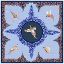 Load image into Gallery viewer, Pheasants and Scroll Square Silk Scarf Blue