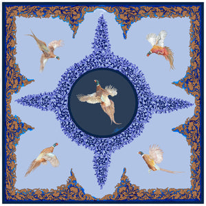 Pheasants and Scroll Square Silk Scarf Blue